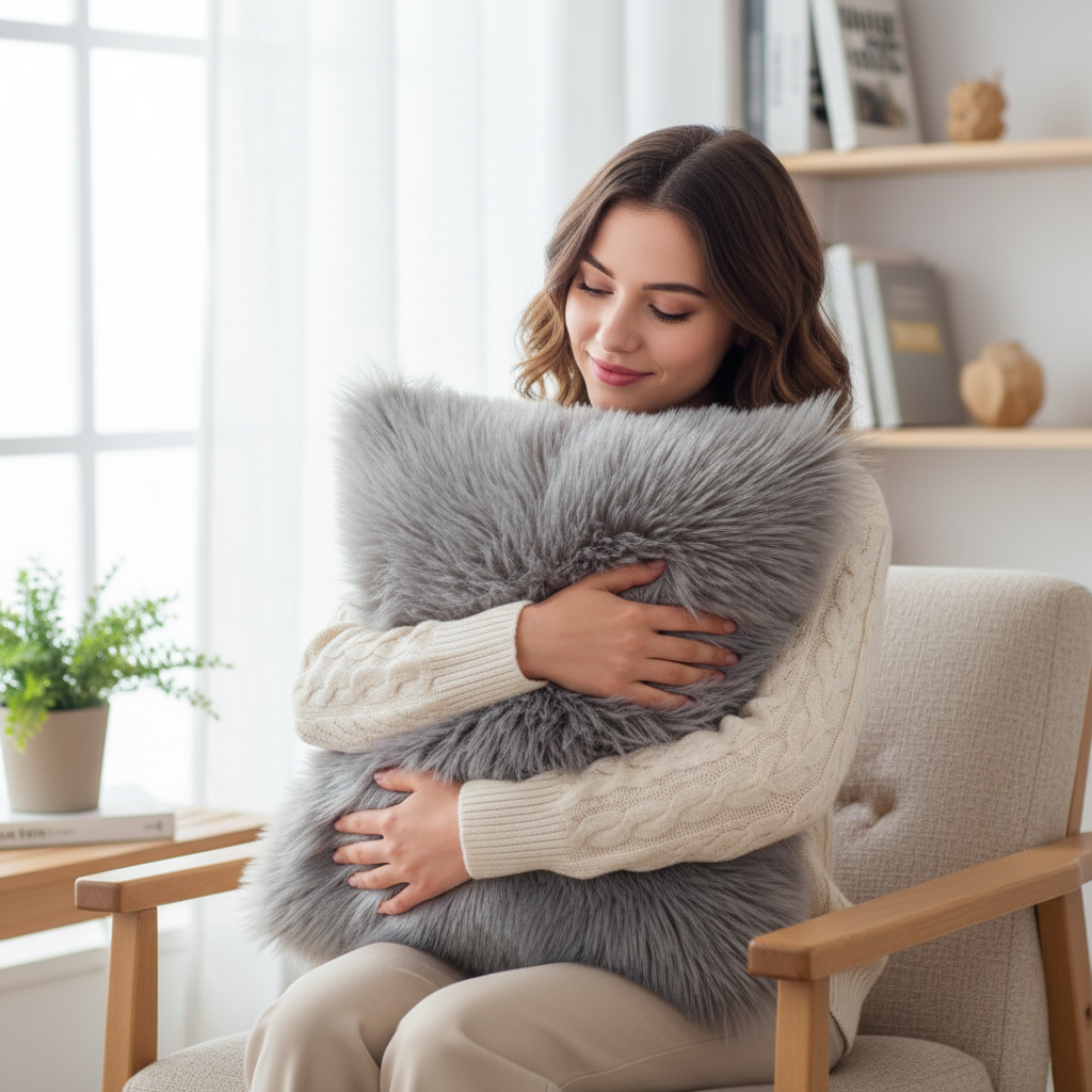 Throw Pillow Cover with 450g Insert, Purple, faux fur, 16, Decorative Cushion