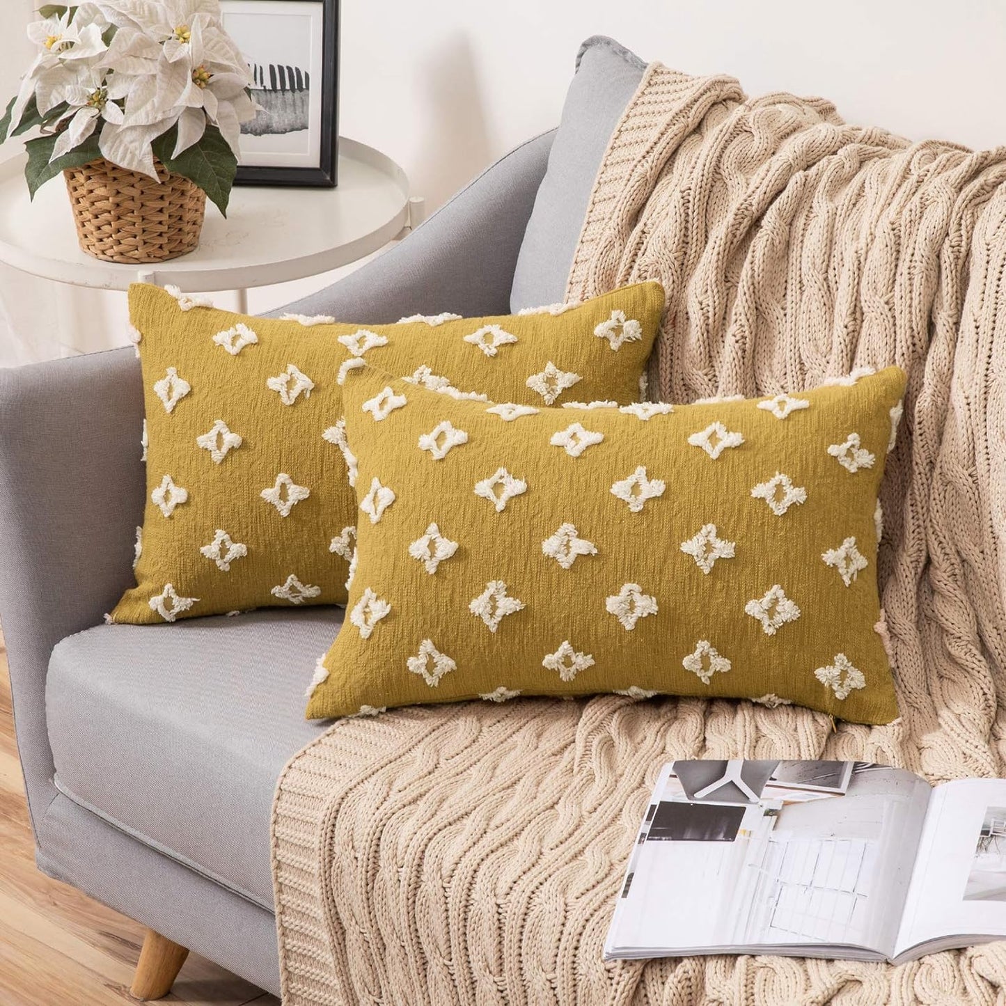 12''x20'' tufted floral lumbar support 100% cotton throw pillow | 7 colors textured daisy stitch design | boho chic lumbar & accent pillow | insert included