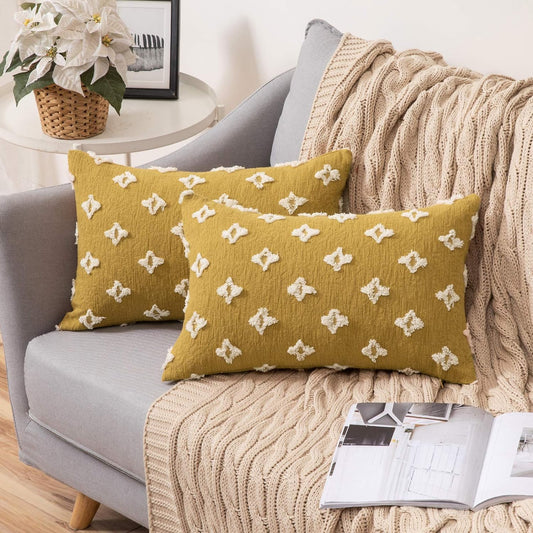 12''x20'' tufted floral lumbar support 100% cotton throw pillow | 7 colors textured daisy stitch design | boho chic lumbar & accent pillow | insert included